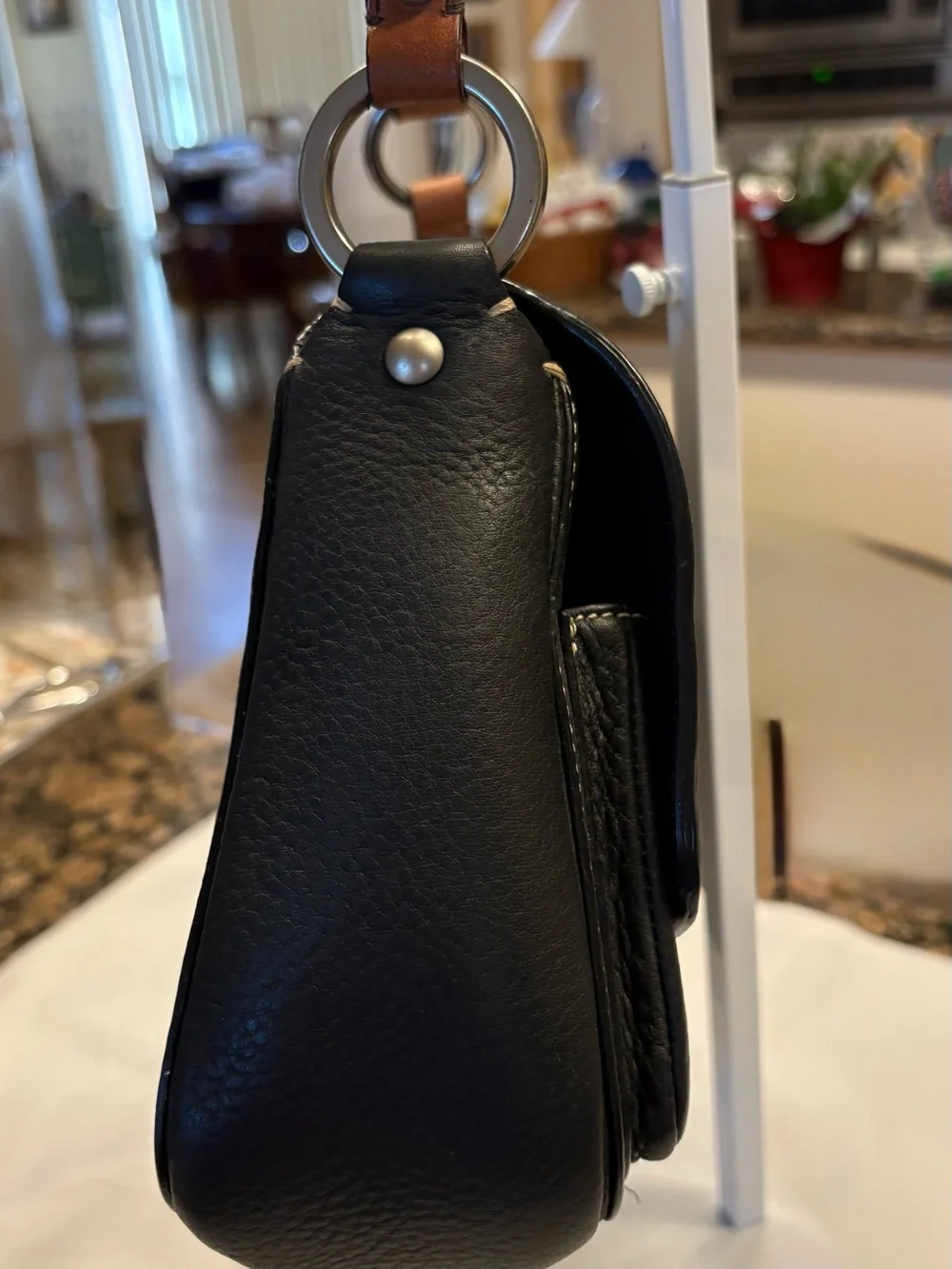 Coach Black Peddled Leather Shoulder Bag Silver White Stitch Detail